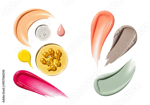 Colorful Cosmetic Swatches and Skincare Textures on White Background