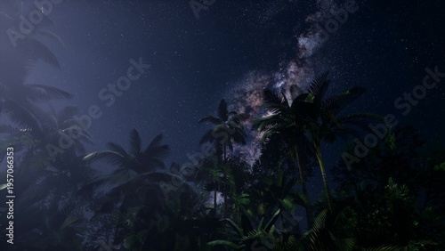 Foto In a tranquil tropical setting, towering palm trees reach towards a breathtaking night sky filled with stars