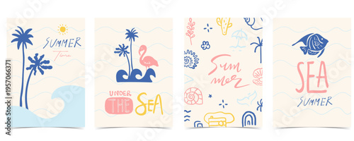Blue pink hand drawn hello Summertime beach poster set with rainbow,starfish, shell,cactus icon for vacation a4 vertical invitation