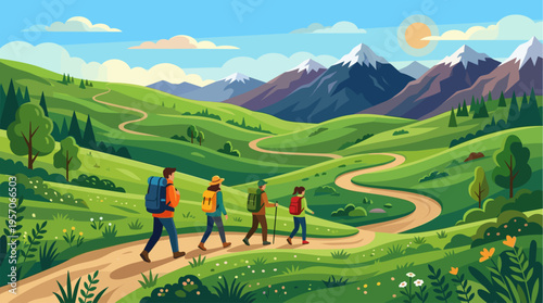 A diverse group of friends enjoys a scenic hike through rolling green hills and mountains, under a bright sun and blue sky.