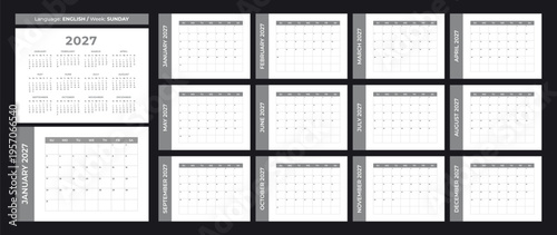 2027 new year calendar template set. Monthly grey horizontal calender with daily planner. Layout in English language. Week starts on Sunday. Vector grayscale illustration. Black on white.