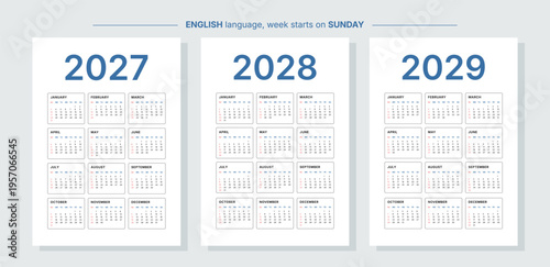 English calendar 2027 2028 2029. New year template set. Blue black typography on white background. Vertical planner, week starts on Sunday. Design for poster, print, wall, social media, web.