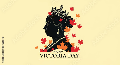 Happy victoria day celebration with regal queen silhouette and maple leaves on yellow background