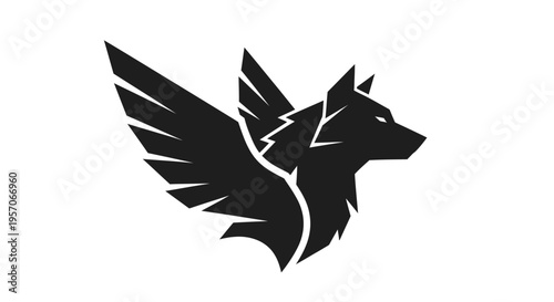 Black silhouette of a winged wolf's head on a white background.