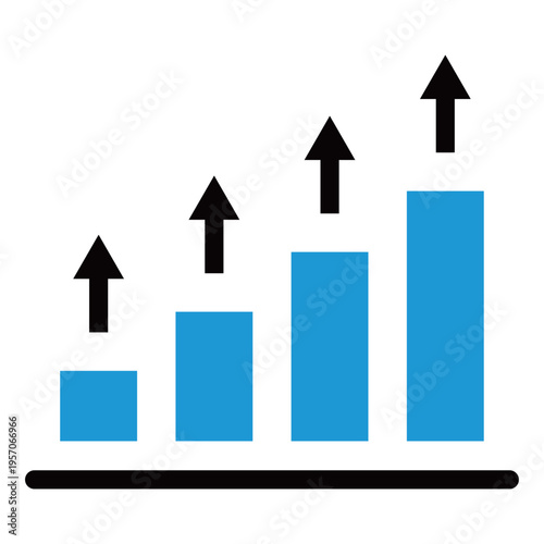 全部門の力強い成長を表現した棒グラフ上昇矢印アイコン（2色・青・ビジネス・全体最適・目標達成・データ分析）