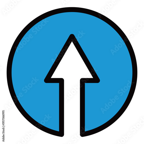 プロジェクトの円満な進展・成功を表現した上昇矢印の円形アイコン（2色・青・チームワーク・目標達成・調和）