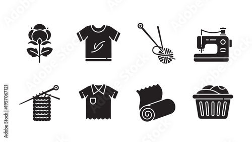 Black icons of sewing and laundry on white background for crafting concepts