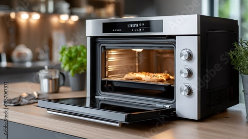 Modern built in oven baking food on kitchen countertop