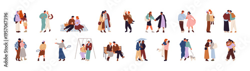 Set of cute couples of tiny people. Men and women in romantic relationships walk together. Girlfriends and boyfriends love, hold hands, hug and kiss. Flat isolated vector illustrations on white
