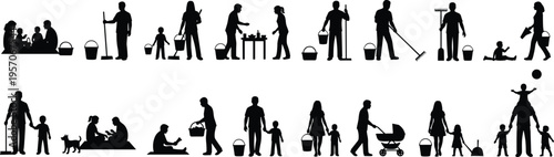 Cartoon family silhouettes illustration showing household chores, caregiving, and bonding activities symbolizing lifestyle and community design