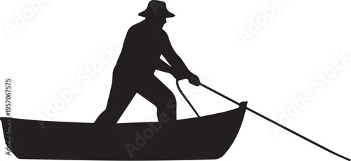 Fisherman in boat holding paddle, silhouette vector illustration. man rowing boat line art