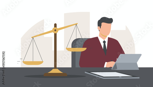 Lawyer working on tablet at desk with scales of justice nearby  