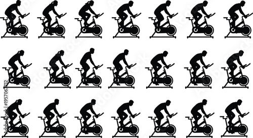 Cartoon stationary bike silhouettes illustration showing indoor cycling, spinning workout, and fitness activity for lifestyle design