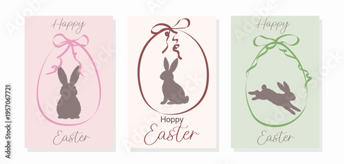 Easter Bunny Silhouette Card Set, Minimal Hand Drawn Egg Illustration, Pastel Spring Greeting Cards Collection