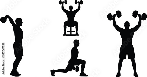 Cartoon weightlifting silhouettes illustration showing kettlebell swing, dumbbell press, and lunge exercises for fitness design