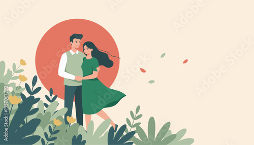 Young couple embracing in a floral garden with a sunset background  