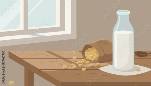 Milk bottle and spilled cereal on wooden table by the window  