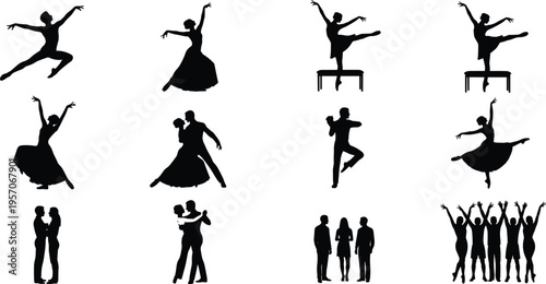 Dance silhouettes vector illustration with ballet, ballroom, contemporary poses, couples, celebration, and expressive social movement