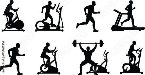 Fitness activities silhouettes vector illustration with treadmill running, cycling, elliptical training, barbell lifting, and gym exercises