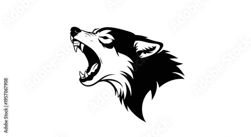 Black and white illustration of a snarling wolf's head in profile against a plain white