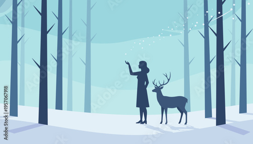 Woman interacting with deer in snowy forest landscape  