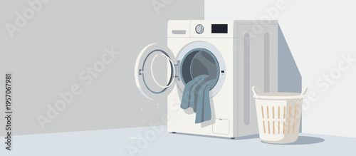 Washing machine with blue towels and laundry basket in home setting  