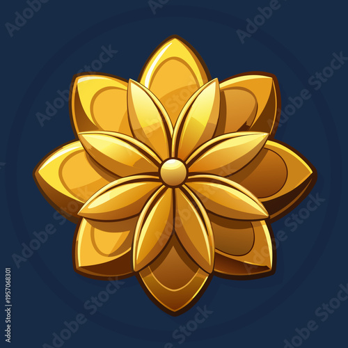 Elegant 3D vector flower with gold metallic effect, subtle gradients, soft shadows, dark background for contrast, premium logo style, smooth curves, high detail but clean vector edges, SVG illustratio