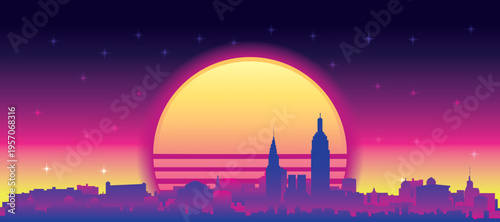Purple generic retro futuristic synthwave panoramic poster of the city skyline with misty background sunset buildings of NEW YORK CITY, NEW YORK
