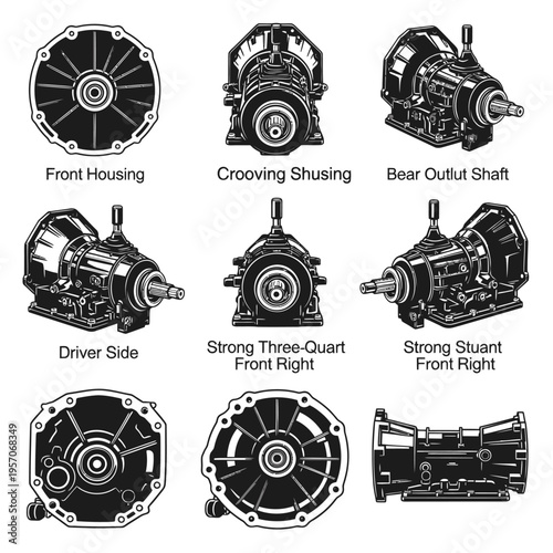 Automotive Transmission Gearbox Vector Illustration Multi-Angle Grid Black and White Isolated for Graphic Design and Advertising