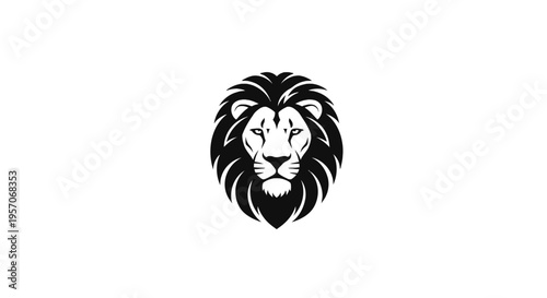 Black and white illustration of a lion's head with a majestic mane on a plain white