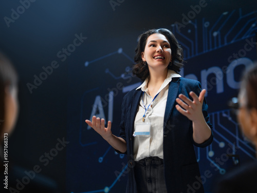 Confident Female Speaker Presents at AI Technology Conference to