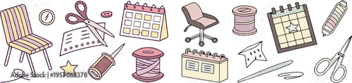 A colorful vector graphic illustration of various office and crafting supplies in a flat, minimalist design style.