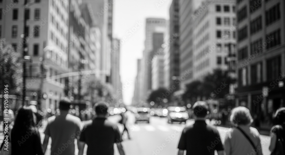 Obraz premium Blurred black and white street photography of anonymous people walking in city. Urban life, crowd movement, rush hour, metropolitan traffic and busy lifestyle in New York style.