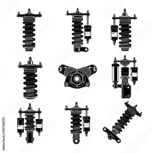 Suspension Coilover Shock Vector Illustration Multi-Angle Grid Black and White Isolated for Graphic Design and Advertising