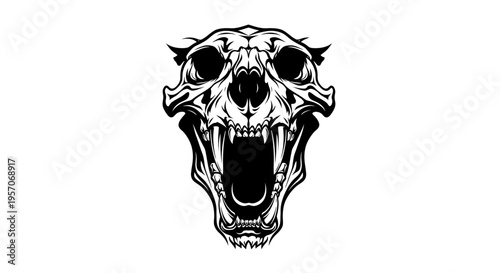Black and white illustration of an animal skull with an open mouth on a white background.