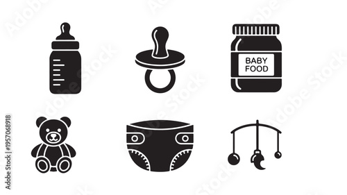 Baby Care Icons Set Including Bottle, Pacifier, Food, Teddy Bear, Diaper, Mobile