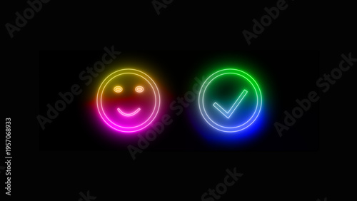 Colorful neon glowing smiley face and checkmark icons representing positive feedback, satisfaction, and approval for digital interfaces, isolated on black background.