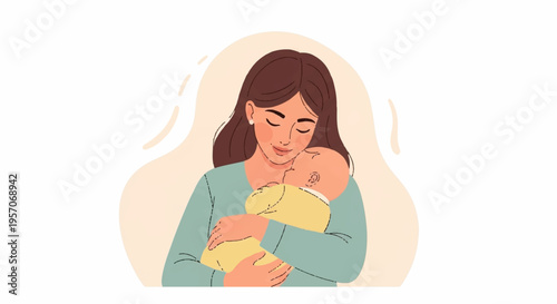 Loving mother holding newborn baby close warm beige background serene moment tender care