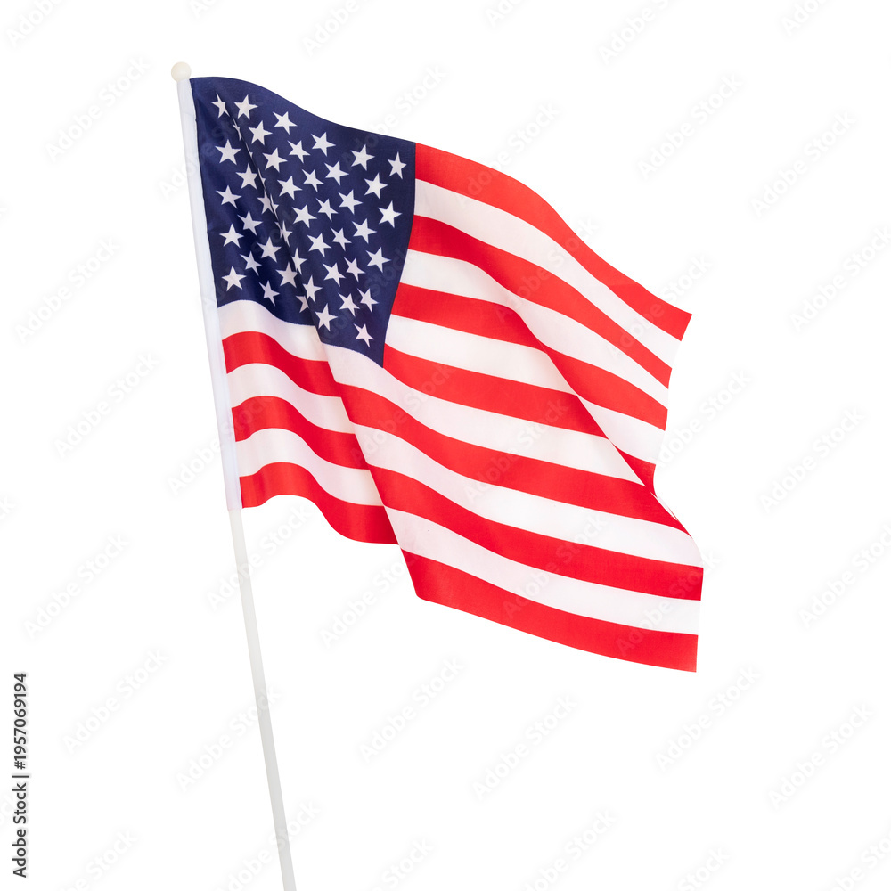 Obraz premium Waving United States flag isolated on a white background. Patriotic symbol of the USA ideal for concepts related to independence, patriotism, national holidays, politics, and American identity.