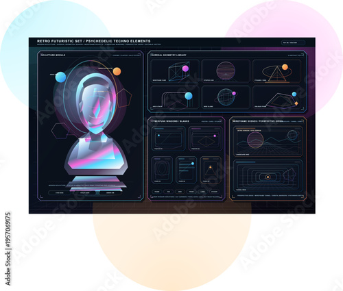 A collection of retro-futuristic and psychedelic techno design