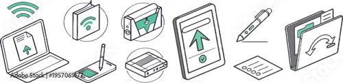 A vector graphic illustration of various devices and icons representing wireless connectivity and data transfer