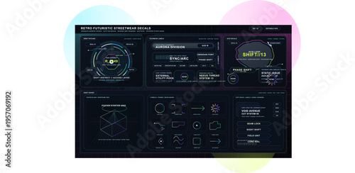 A collection of retro futuristic streetwear decals and cyberpunk