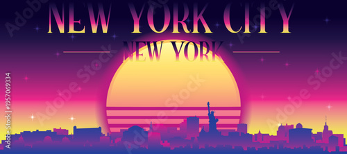 Purple generic retro futuristic synthwave panoramic poster of the city skyline with misty background sunset buildings of NEW YORK CITY, NEW YORK