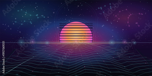 A retro synthwave digital landscape featuring a glowing striped sun