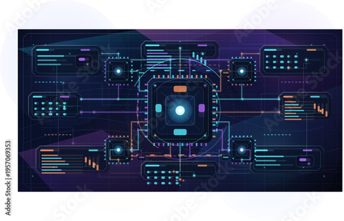 Abstract futuristic circuit board illustration featuring a central