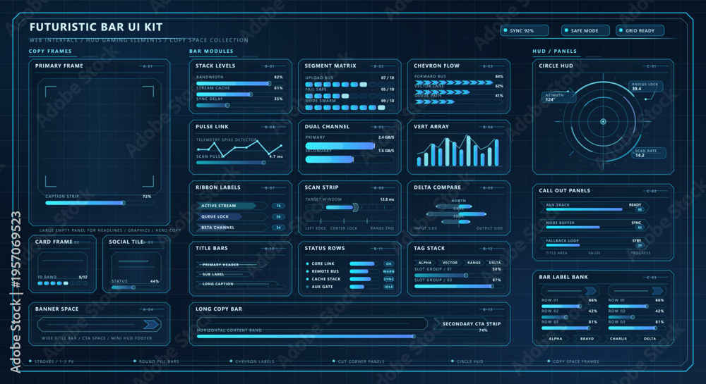 Fototapeta premium A futuristic bar UI kit featuring various HUD gaming elements, data