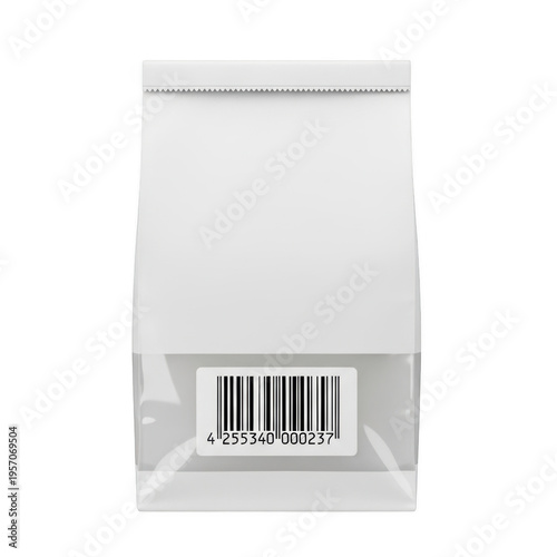 A white resealable pouch with a barcode isolated on transparent background