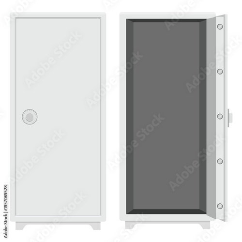 Steel security gun safe with combination lock. Metal safe with opened and closed door isolated on white background. Vector