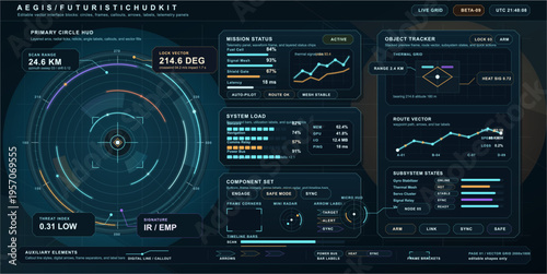 Detailed futuristic heads-up display interface featuring circular
