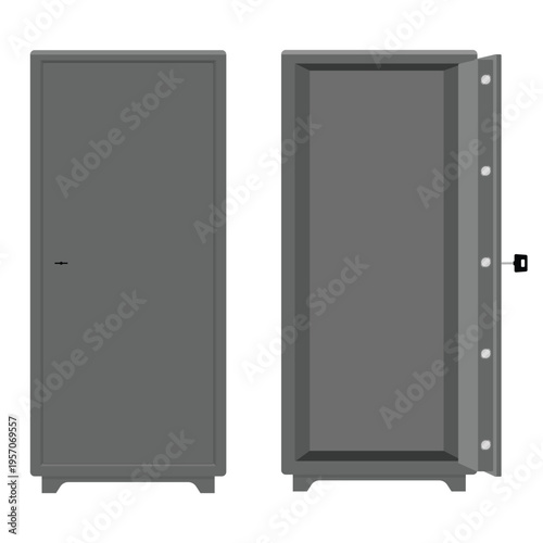 Steel security gun safe with key to lock it.  Metal weapon safe opened and closed door isolated on white background. Vector